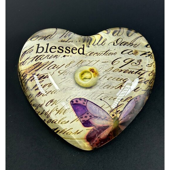 Art Glass Paperweight Heart Shaped "Blessed" Script Butterfly Religious Design - Picture 1 of 7